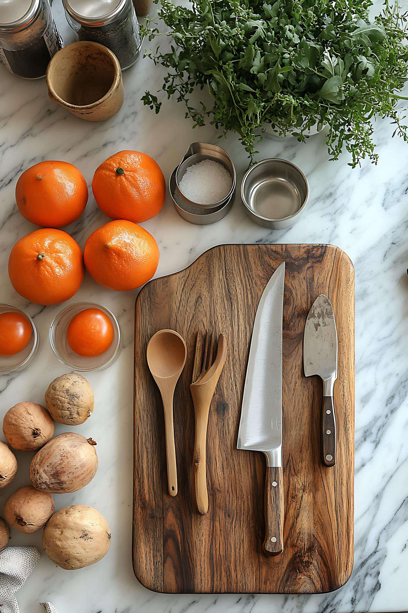 Minimalist kitchen workspace with cutting board